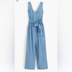 J. Crew Sleeveless V-Neck Chambray Jumpsuit Dusty Blue with Tie Waist Size 6